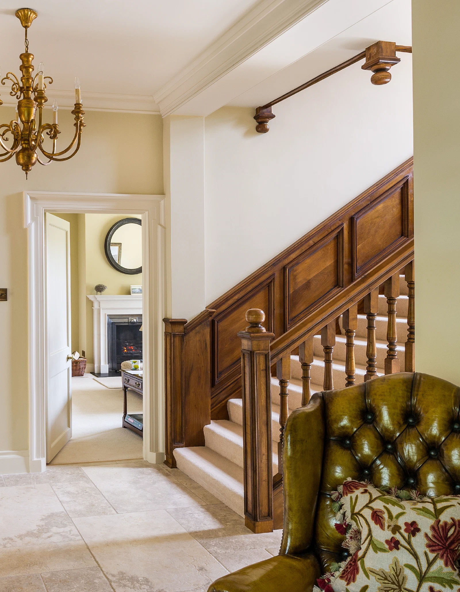Dado-height panelling following the staircase and landing