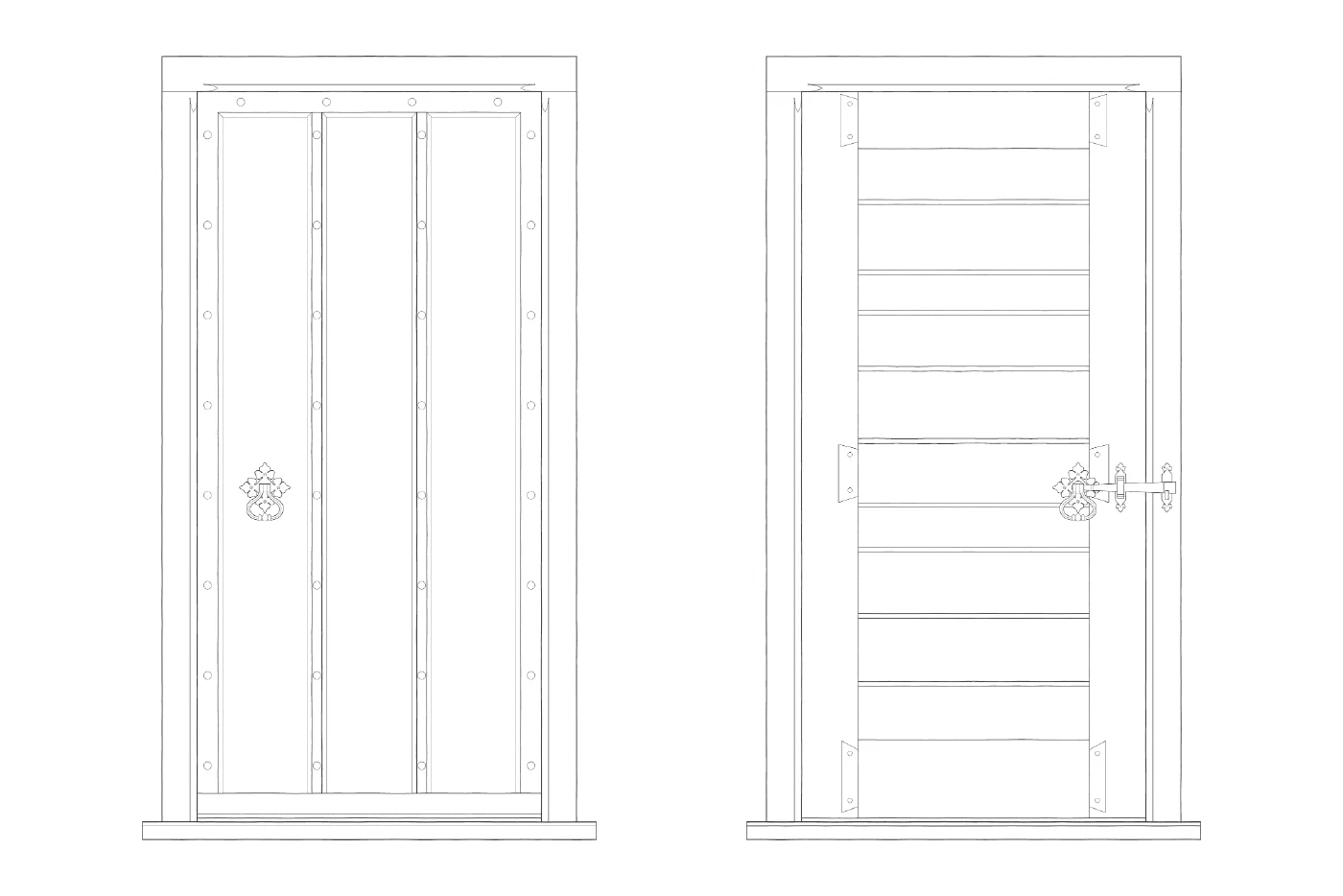 CAD drawing of The Arundel: front elevation with studded ribs and a ring handle, and the rear elevation with its horizontal boards, hinges and latch