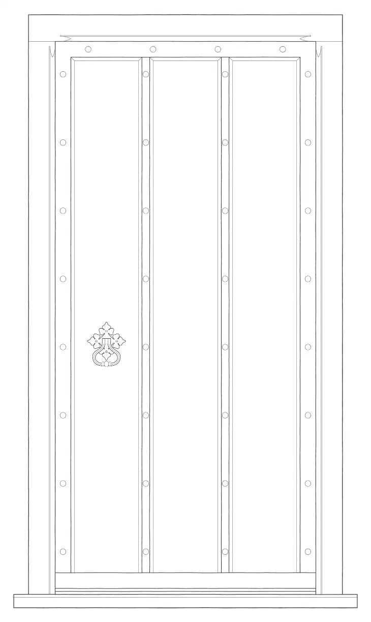 Front elevation of The Arundel: a Tudor-style oak door with two studded moulded ribs dividing the face into three bays, and a ring handle