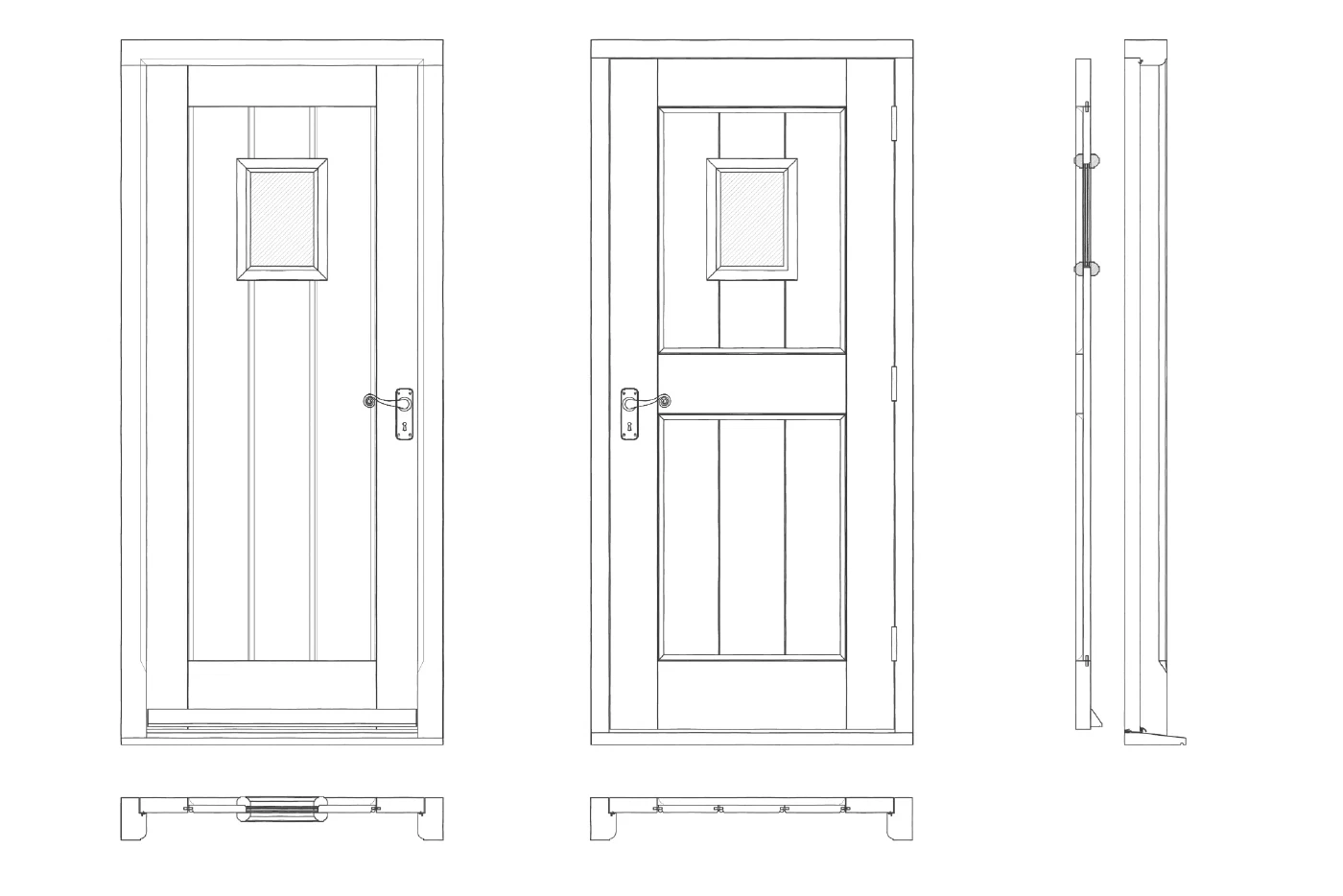 CAD drawing of The Carter: front and rear elevations, side sections and plan sections of the framed plank door with its small glazed light