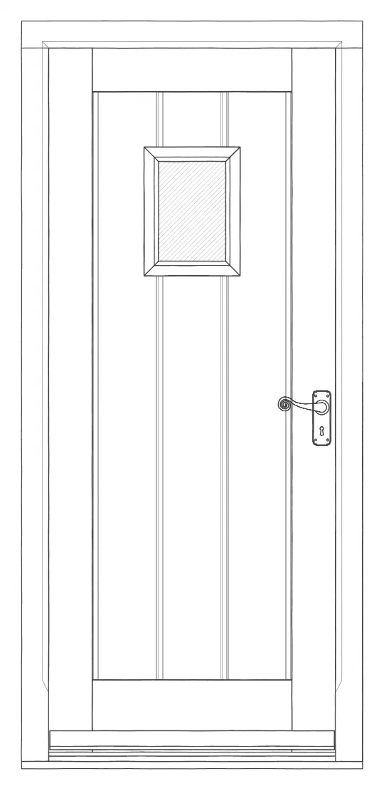Front elevation of The Carter: a framed oak plank door with a small glazed light and a lever handle