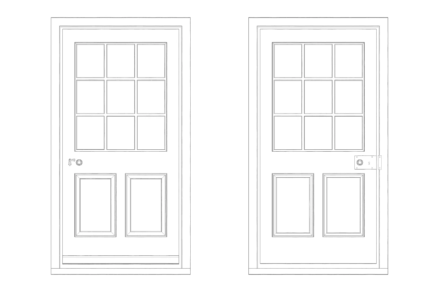CAD drawing of The Fitzroy: front elevation with nine lights above two raised and fielded panels, and the rear elevation with its rim lock