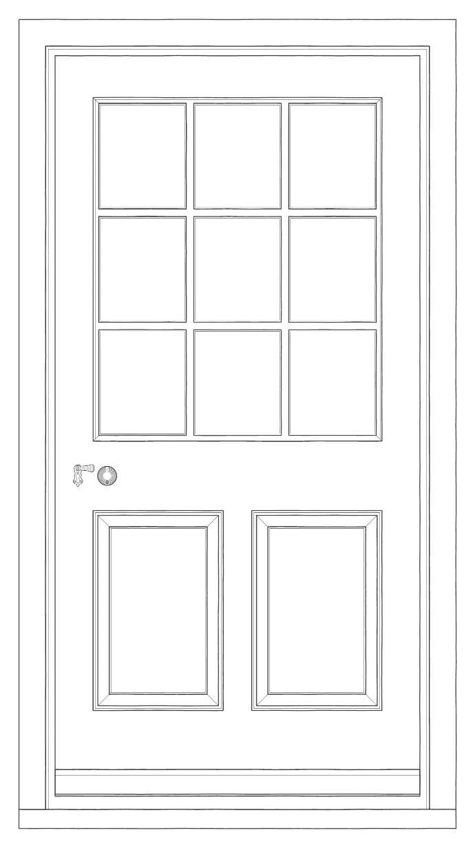 Front elevation of The Fitzroy: a Georgian half-glazed door with nine lights, three by three, above two raised and fielded panels