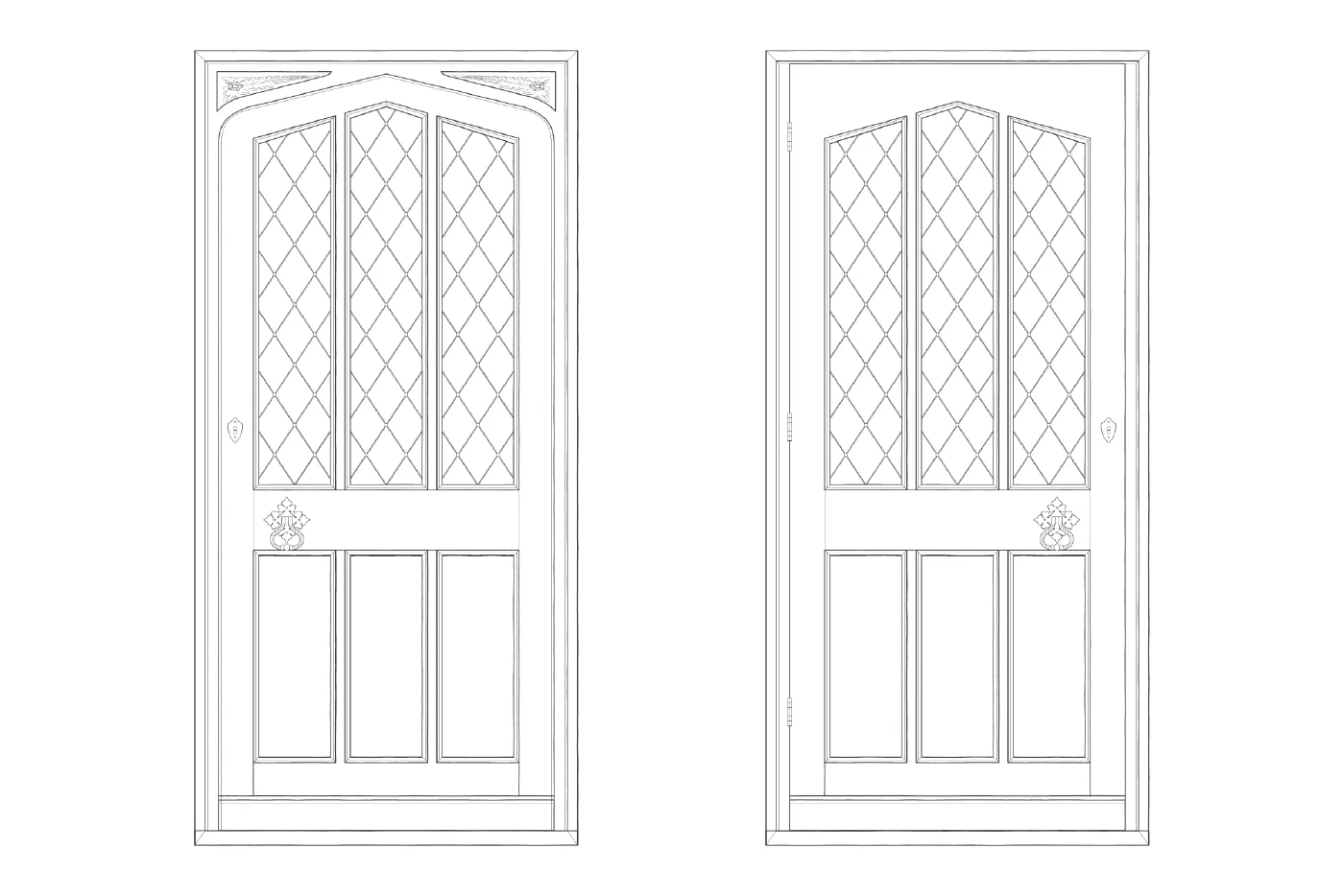 CAD drawing of The Montague: front and rear elevations of the half-glazed door, with three diamond-leaded lights above three moulded panels