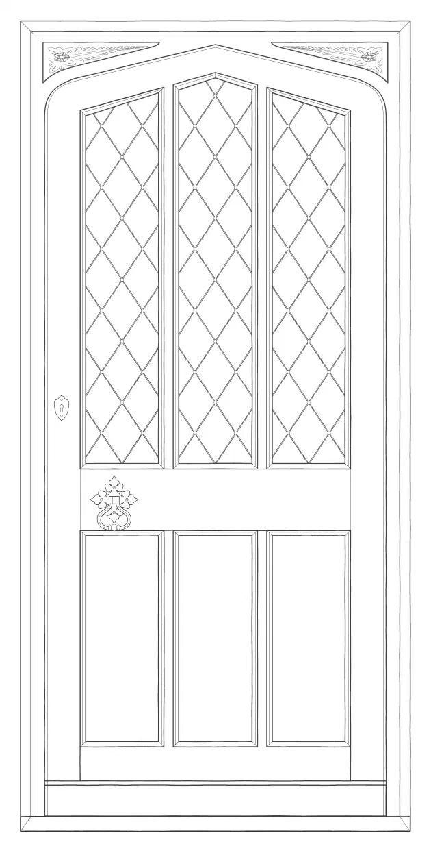 Front elevation of The Montague: three diamond-leaded lights with pointed heads above three moulded panels, with carved spandrels in the frame