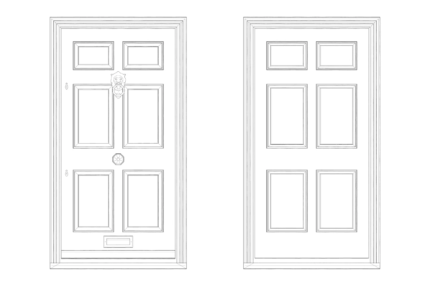CAD drawing of The Pembroke: front elevation with raised and fielded panels and its ironmongery, and the rear elevation