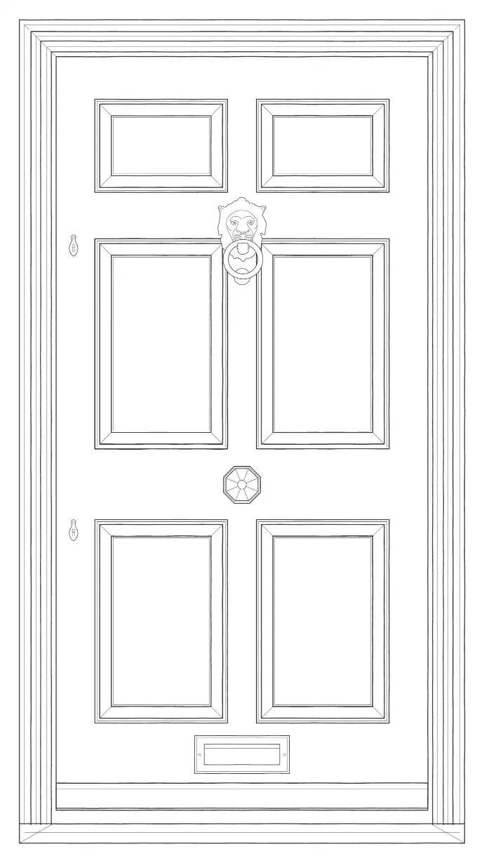 Front elevation of The Pembroke: a six-panel Georgian door with raised and fielded panels, a lion-head knocker, a centre knob and a letter plate