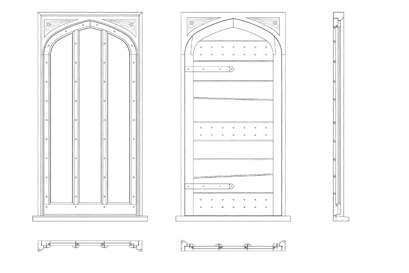 CAD drawing of The Wolsey: front elevation with carved spandrels, rear elevation with the boarded back and strap hinges, side section and plan sections