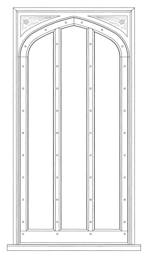 Front elevation of The Wolsey: a studded, ribbed oak door under a pointed arch, with carved spandrels in the frame