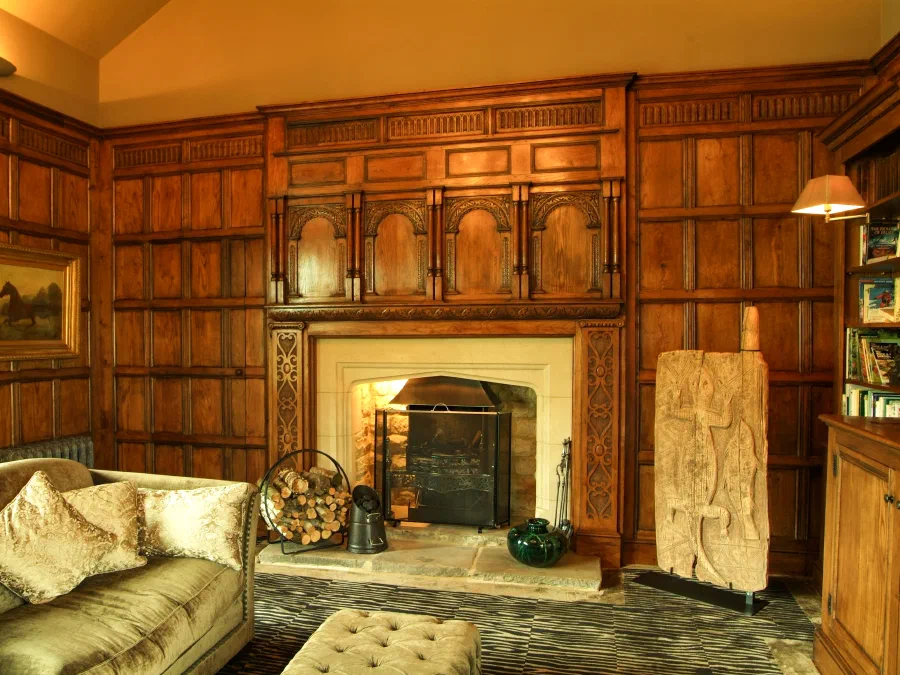Carved oak overmantel and full-height panelling in the Great Hall