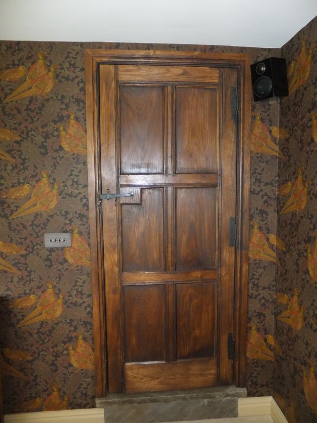 6 panelled oak door with iron handle and hinges