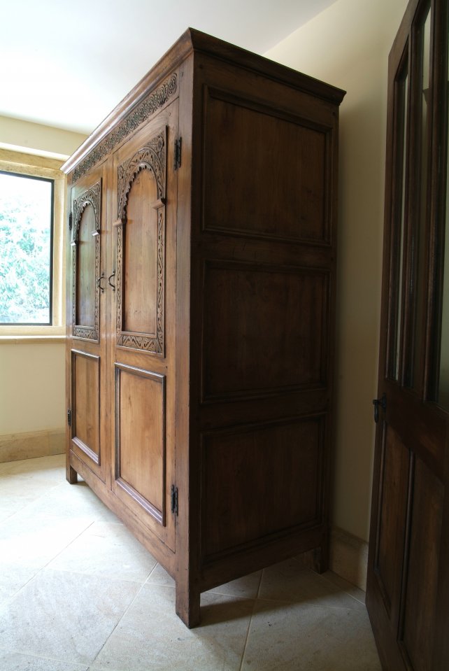 solid oak wardrobe with hand carved panels, aged and polished