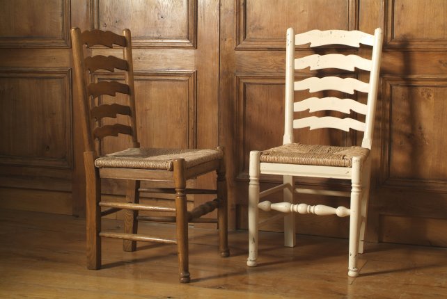 oak and painted ladder back chairs