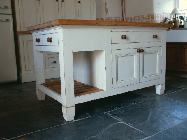 distressed painted island unit with oak worktop