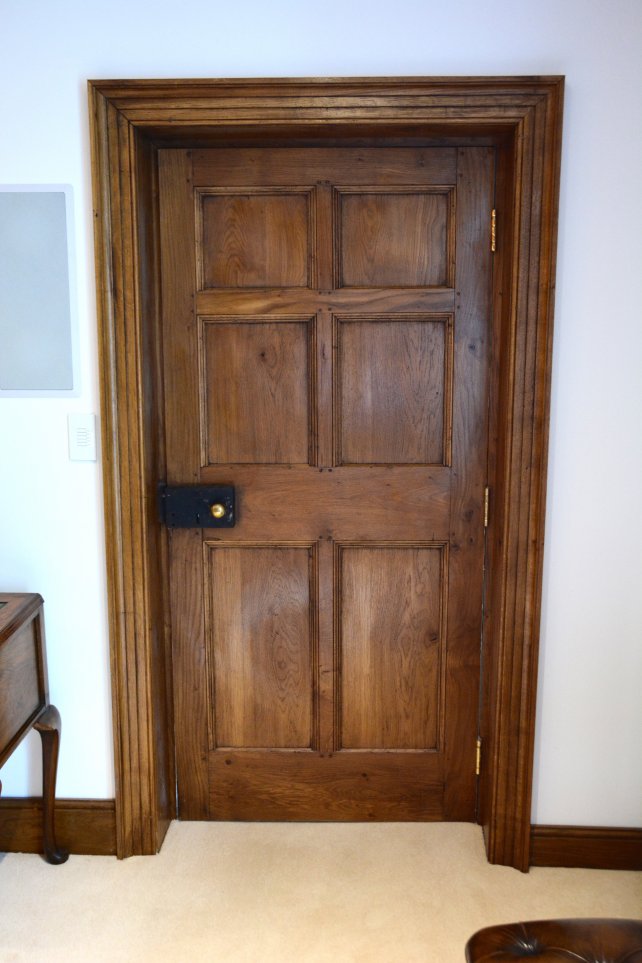 6 panelled period oak door, door lining and architrave