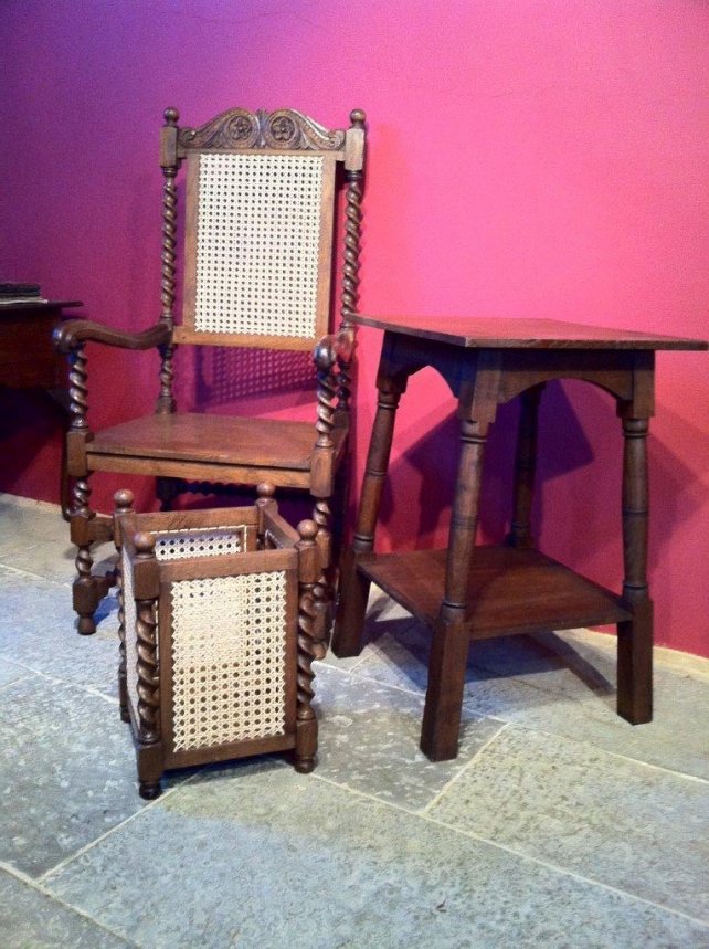 wicker waste basket and oak side table