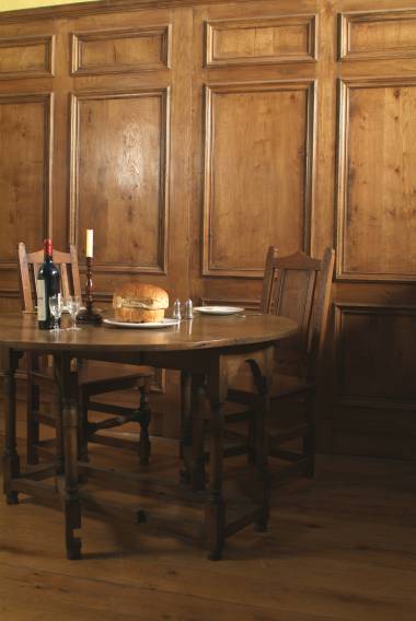 18th century Georgian style oak panelling, solid oak gateleg table and panel back chairs
