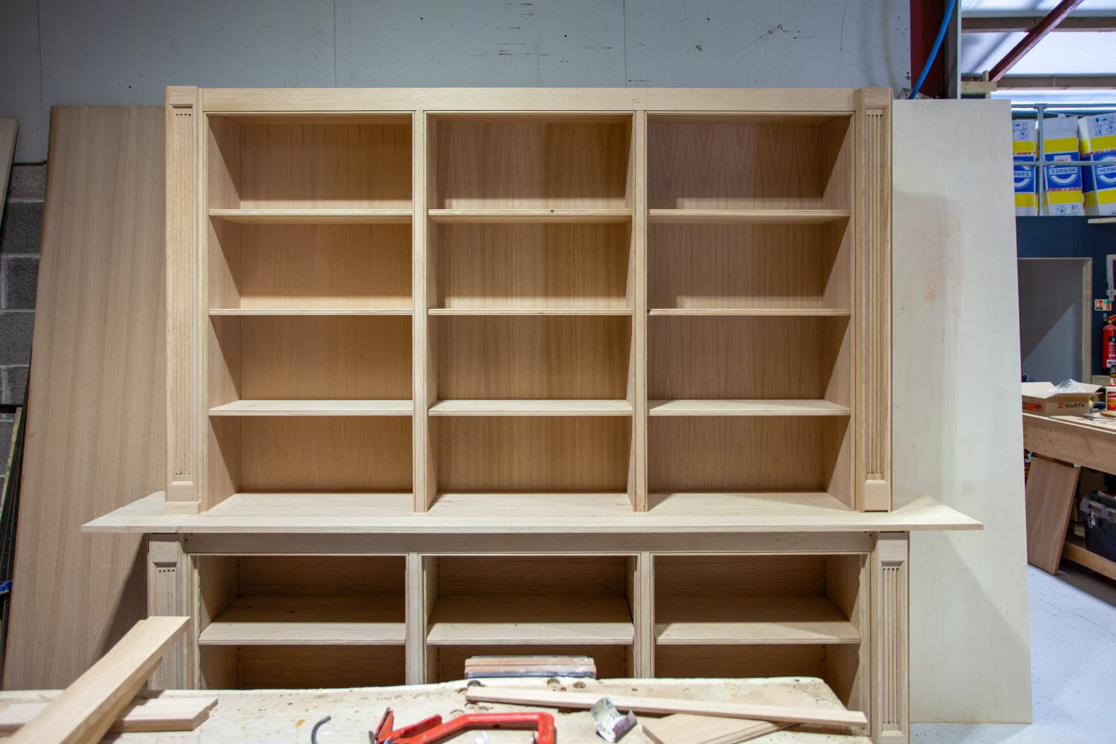 Oak bookcase carcass assembled on the bench in the workshop