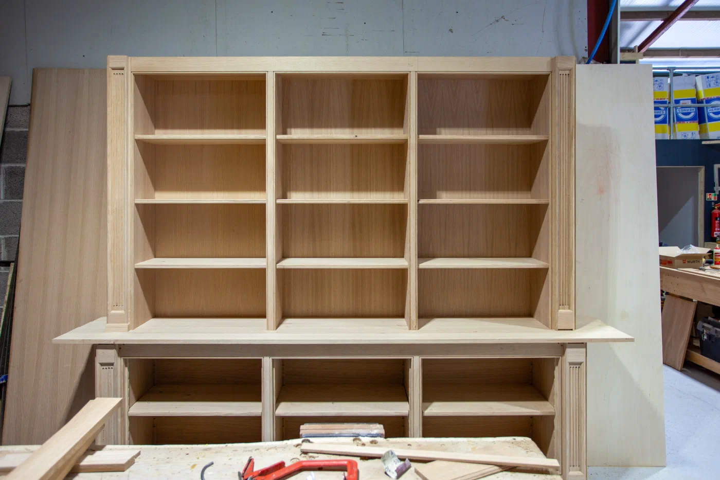 Oak bookcase carcass assembled on the bench in the workshop